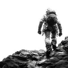 Man Hiking Up Mountain. Transparent PNG Background - obrazy, fototapety, plakaty
