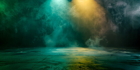 Dark stage with yellow, green neon lights, spotlights, and smoke. Asphalt floor in studio setting for showcasing products.

