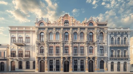 Fototapeta na wymiar a beautiful building harmoniously blending Italian, Spanish, and British styles for the facade, seamlessly integrating modern technological advances, in a realistic photograph.