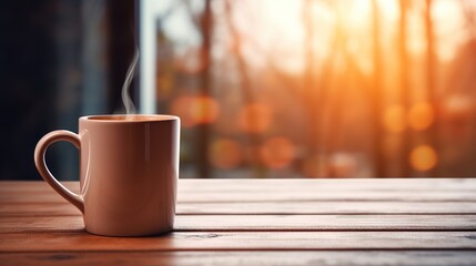 Mug of hot coffee on a wooden table inside a home kitchen in the morning time with copy space. - obrazy, fototapety, plakaty