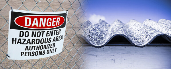 Dangerous presence of asbestos fibers in a construction site with metallic protection net against...