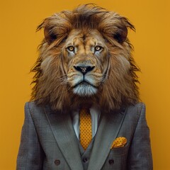 An anthropomorphic lion wearing a smart suit stands confidently against a bright yellow background....