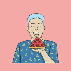  Vector illustration of a young woman eating pizza
