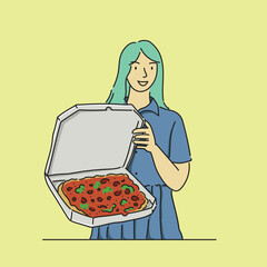 Vector illustration of a woman with pizza in a box
