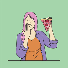 Illustration of a woman eating pizza.
