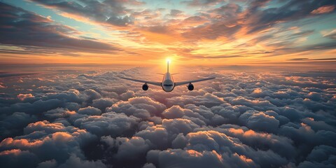 Capturing the Splendor of a Plane Soaring Under a Stunning Sunset Sky: Aerial Perspective with...