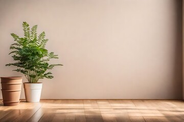 beige wall, pot with plant, wooden flooring