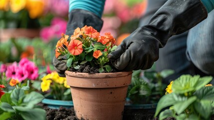 Hands busily planting in terracotta pot vibrant flowers