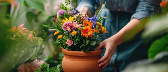 Terracotta pot being filled with vibrant flowers by hands - obrazy, fototapety, plakaty