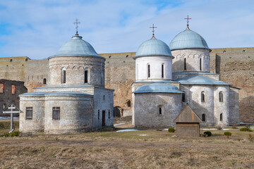 Ancient Assumption Church and St. Nicholas Church on a sunny March day. Ivangorod fortress. Leningrad region, Russia - 759851178