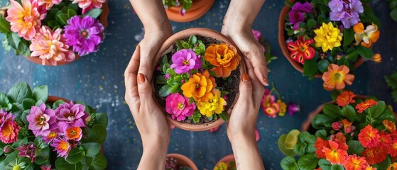 Vibrant flowers being planted by hands in terracotta