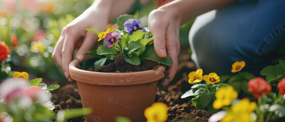 Close view hands planting colorful flowers terracotta pot