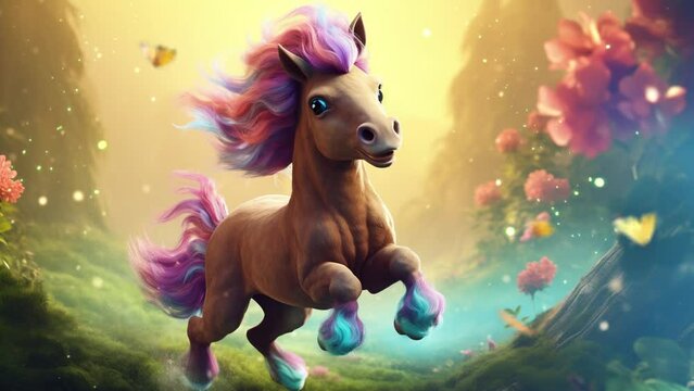 Happy Playful Horse Galloping in the Enchanted Fantasy Forest  Seamless looping 4k time-lapse virtual video animation background. Generated AI