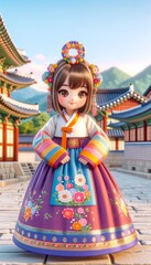 Obraz premium An animated girl smiles sweetly while dressed in an exquisite traditional Korean hanbok, with a palace backdrop