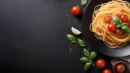 italian food. spaghetti pasta in black plate on dark background. top view.