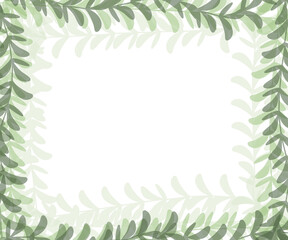 Gradient dusty green watercolor Plants stem frame banner. Spring and winter botanical border illustration for wedding, greeting card, wreath, website. Botanical foliage on white horizontal background