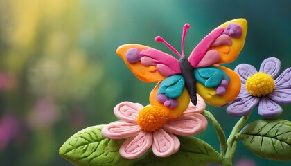 Hermosa mariposa en un jardín de flores primaverales hecho de plastilina colorida . Tema infantil - obrazy, fototapety, plakaty