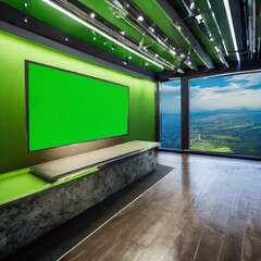 3d render of a modern home, Virtual TV Studio with green Screen background, virtual studio news room, Ai Generate 