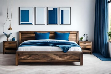 wooden bed with blue pillows against white wall with three posters frames. Farmhouse interior