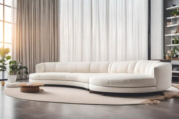 Stylish sofa and pouf near window dressed with beige curtain