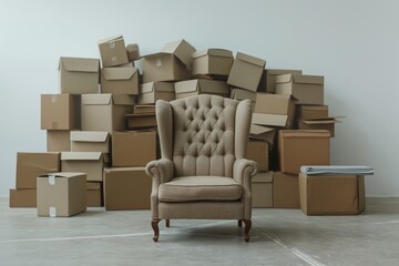 A brown armchair stands against a pile of cardboard boxes on a white wall. Moving concept