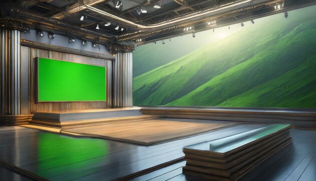Virtual TV Studio with green Screen background, virtual studio news room, Ai Generate 