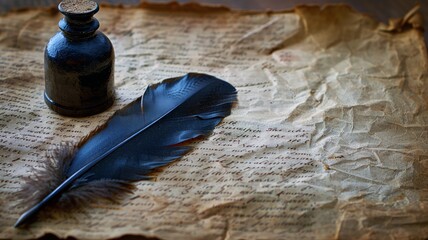 Classic feather pen and inkwell atop an ancient manuscript with elegant script