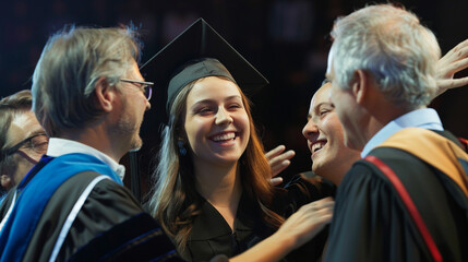 Joyful Female Graduate Embracing Professors, Graduation Event Background