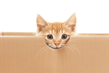 Curious ginger tabby cat hiding in a box, isolated on white background