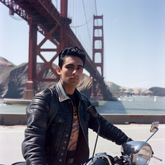 Young man with motorbike under the Golden Gate bridge