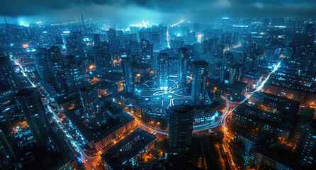 Fototapeta na wymiar Aerial view of a modern city, glow blue. Generative AI.