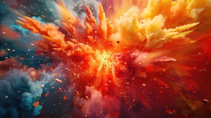 Color powder explosion. Burst iridescent multicolored colorful rainbow smoke fluid ink particles. Vivid painting bomb on fun party. Festival background. - obrazy, fototapety, plakaty
