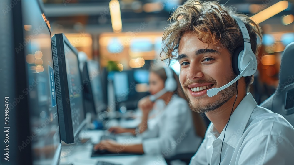 Poster call center tech support worker smiling on the computer. generative ai.