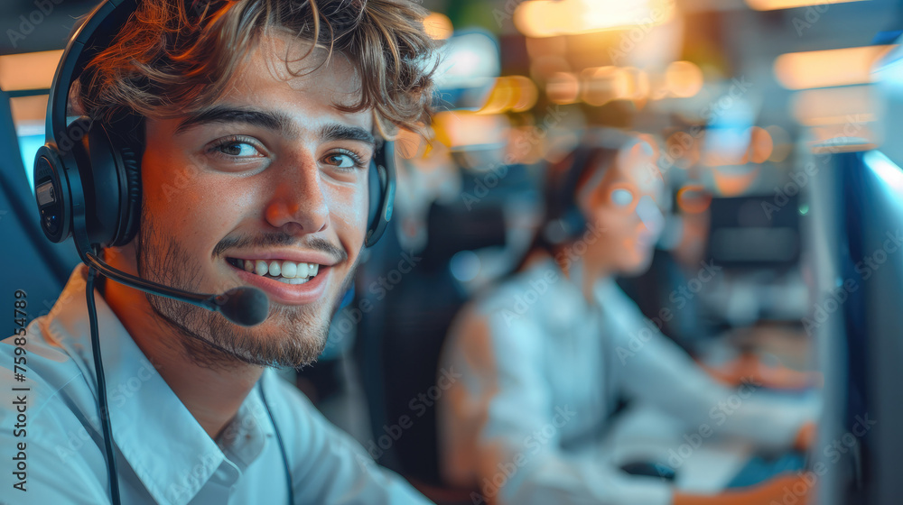 Aufkleber Call center tech support worker smiling on the computer. Generative AI.