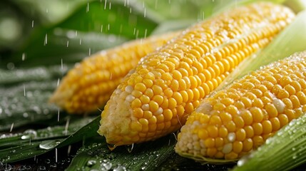 Fresh corn on the cob with drops of water, close-up
