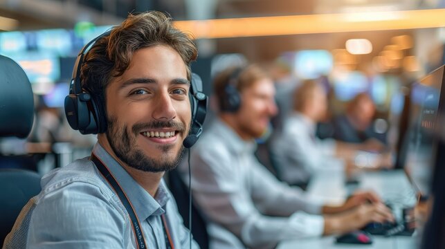 Call center tech support worker smiling on the computer. Generative AI.