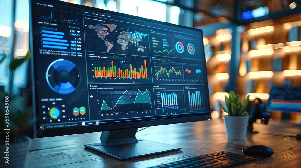 Poster Close up view of a monitor showing an analytics dashboard. Generative AI.
