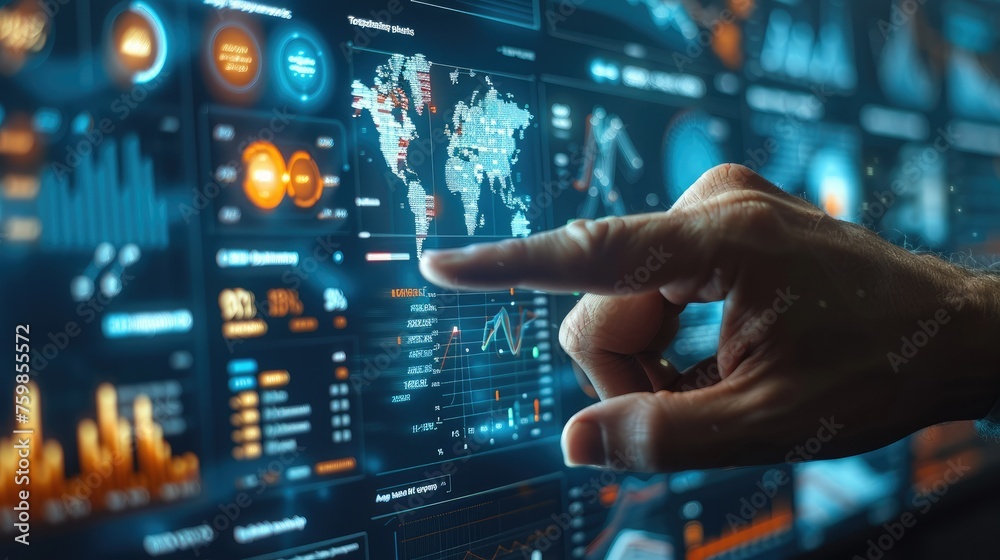 Poster business man pressing his finger in front of a majority report looking dashboard, charts, menu, maps