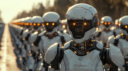 Fototapeta premium An imposing row of humanoid robots with glowing eyes stands at attention