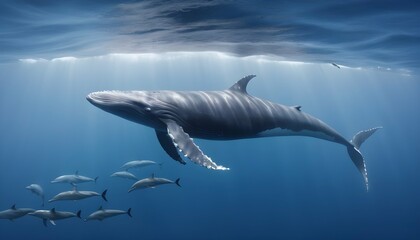 A Blue Whale With A School Of Dolphins Swimming Al Upscaled 8