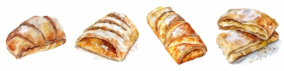 Assorted watercolor pastries set isolated on white, featuring a croissant, pain au chocolat, and Danish pastry, ideal for bakery or breakfast concepts