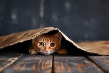 A curious ginger tabby kitten hides under cardboard on a burnt wooden floor