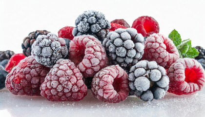 Frozen berries covered in frost and ice crystals. Raspberry and blueberry. Tasty and healthy food.