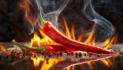 Fiery red chili pepper. Hot orange flame and smoke. Spicy vegetable. Dynamic scene. - obrazy, fototapety, plakaty