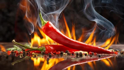 Gordijnen Fiery red chili pepper. Hot orange flame and smoke. Spicy vegetable. Dynamic scene. © hardvicore