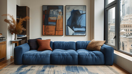 Modern Living Room with Blue Sectional Sofa and Abstract Artwork