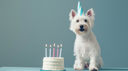 A dog wearing a party hat sits beside a birthday cake with lit candles.