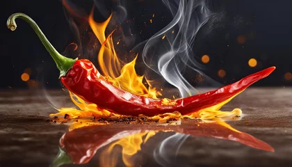 Foto op Plexiglas Fiery red chili pepper. Hot orange flame and smoke. Spicy vegetable. Dynamic scene. © hardvicore