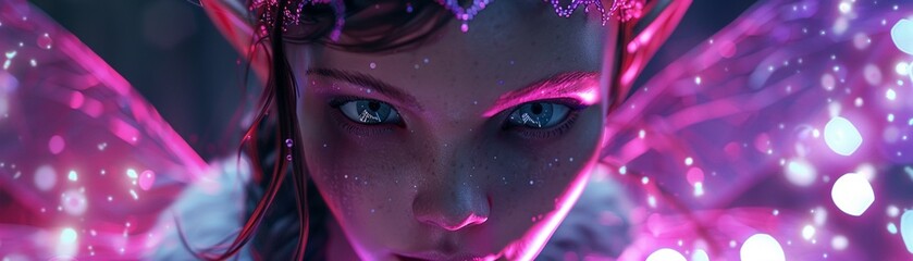 Sassy fairy doll, close-up, indirect gaze, neon lighting, blurred magical background