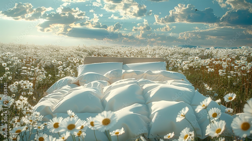 Poster a giant modern bed in the middle of a flower field with small white flowers and a bright blue sky wi